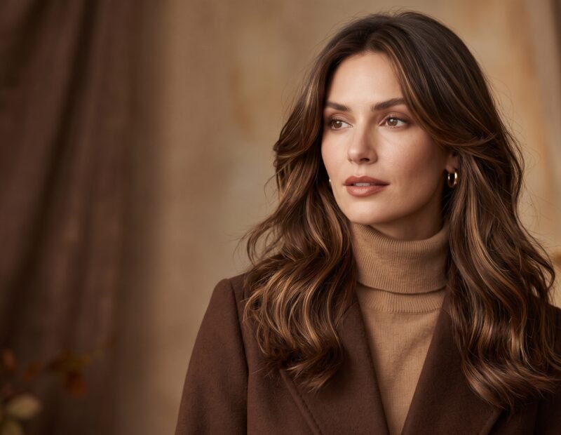 Fall 2026 hair trends featuring glossy layered hair with a sophisticated autumn beauty look.