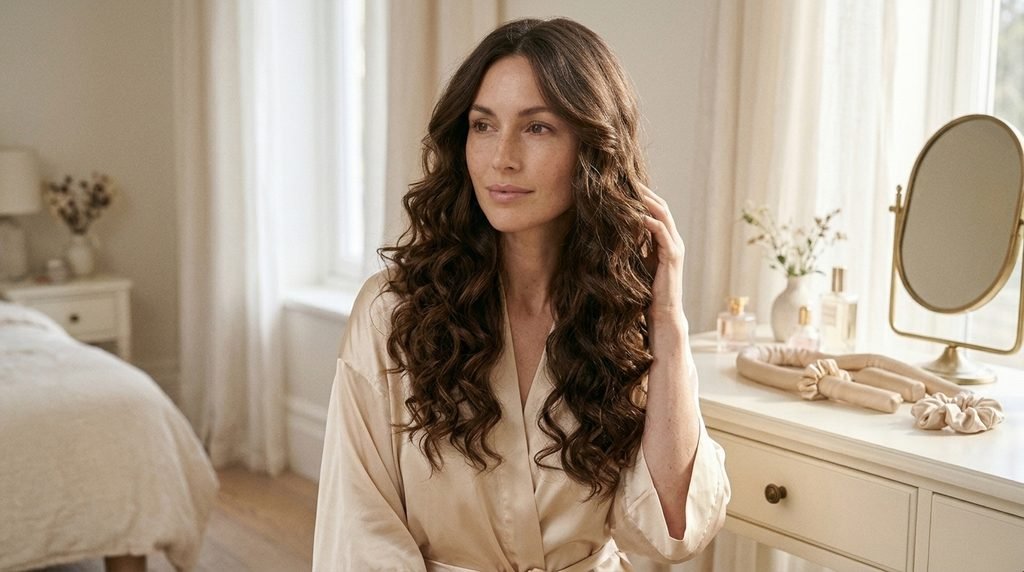 Long brunette hair styled in soft heatless waves beside a satin curling ribbon.