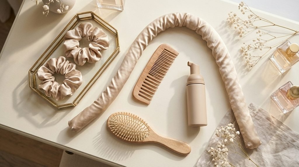Satin curling rod, scrunchies, comb, and styling essentials for overnight heatless curls.