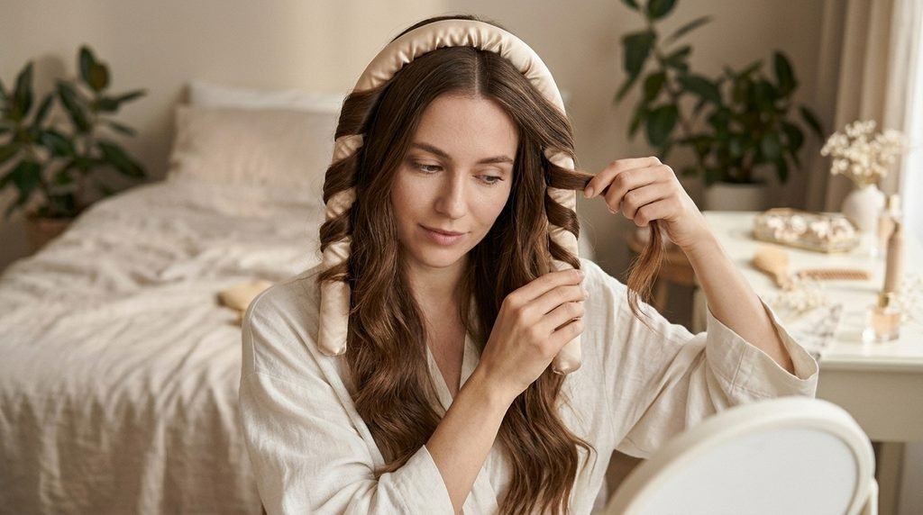 Woman wrapping a section of long hair around a satin rod to create heatless curls.