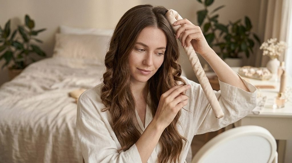 Woman gently removing a satin curling rod to reveal soft overnight curls.