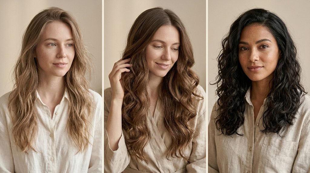 Three heatless curl styles showing soft waves on fine, thick, and naturally wavy hair.