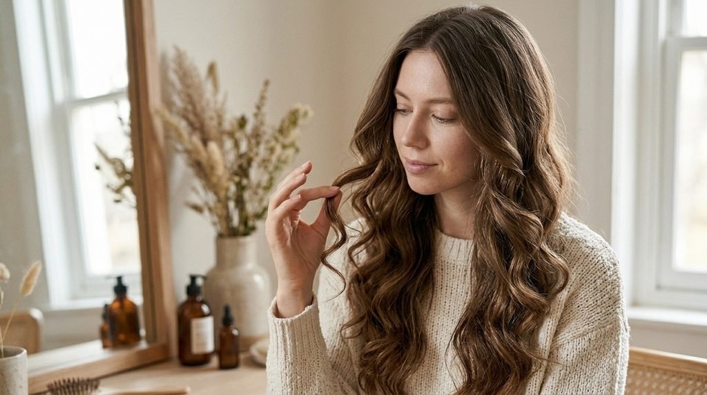 Woman gently separating overnight heatless curls for a soft, long-lasting finish.