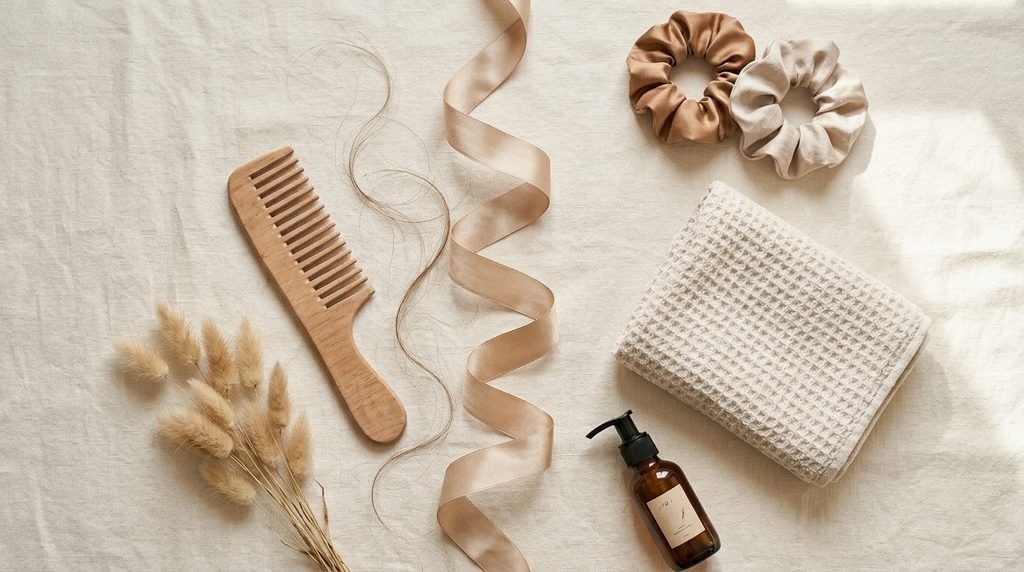 Gentle heatless curling essentials arranged with a satin ribbon, comb, scrunchies, and microfiber towel.