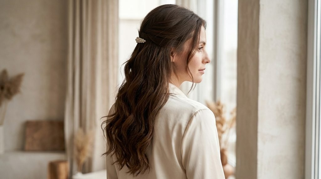 Elegant half-up hairstyle with soft heatless waves and a pearl hair accessory.