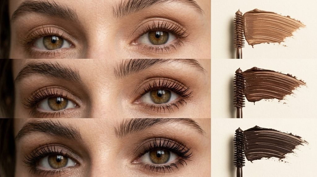 Light brown, chocolate brown, and dark brown mascara shades displayed in a premium beauty editorial.