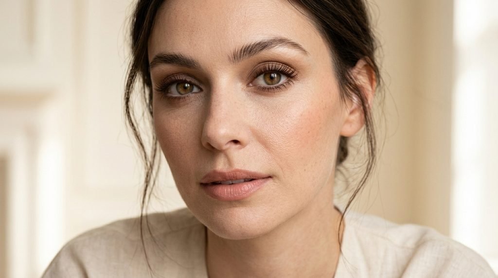 Natural everyday makeup featuring brown mascara, neutral eyeshadow, and a soft nude lip
