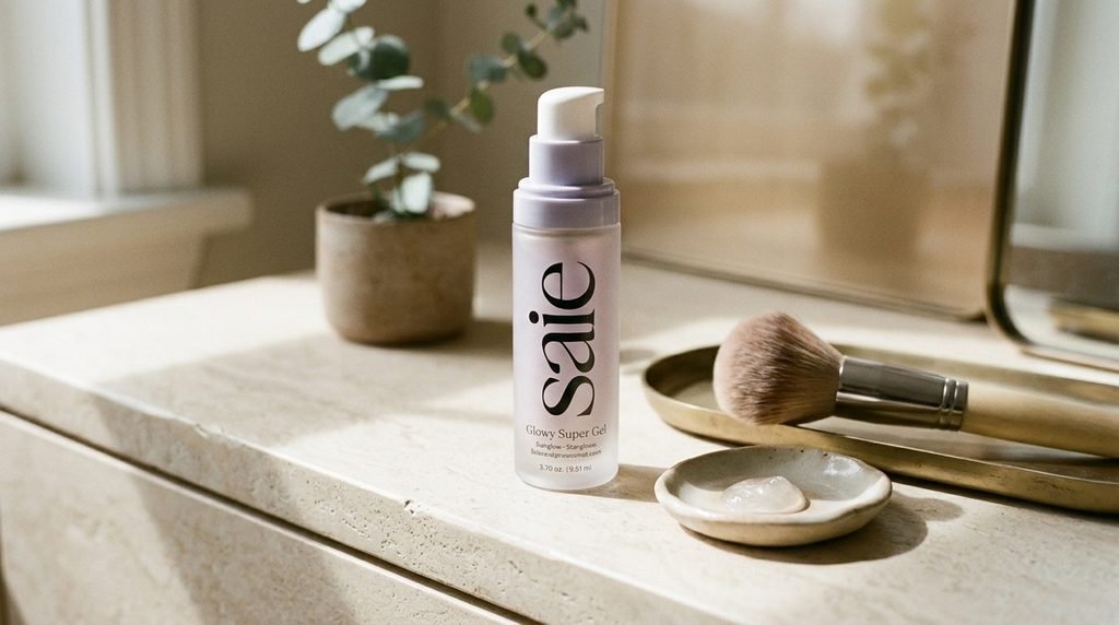  Saie Glowy Super Gel bottle beside a fresh, dewy makeup look with naturally luminous skin