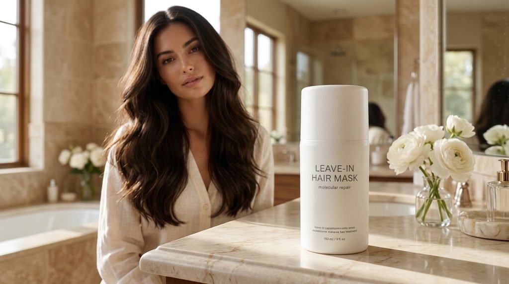 K18 Leave-In Molecular Repair Hair Mask bottle on a luxury vanity