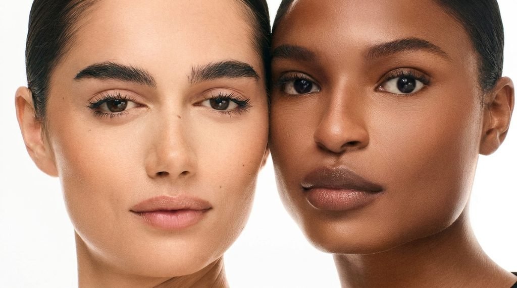 Women with different skin tones wearing natural soft-focus blurred skin makeup