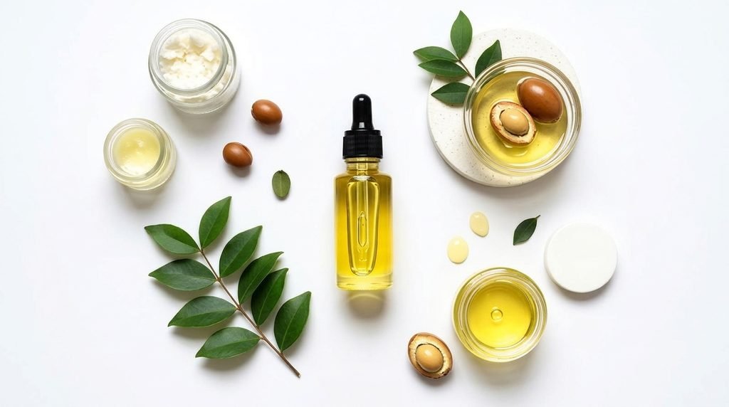 Argan oil and botanical ingredients arranged on a neutral beauty flat lay.