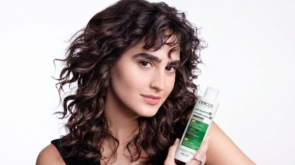 : Vichy Dercos shampoo bottle beside hair care essentials in a premium bathroom setting.