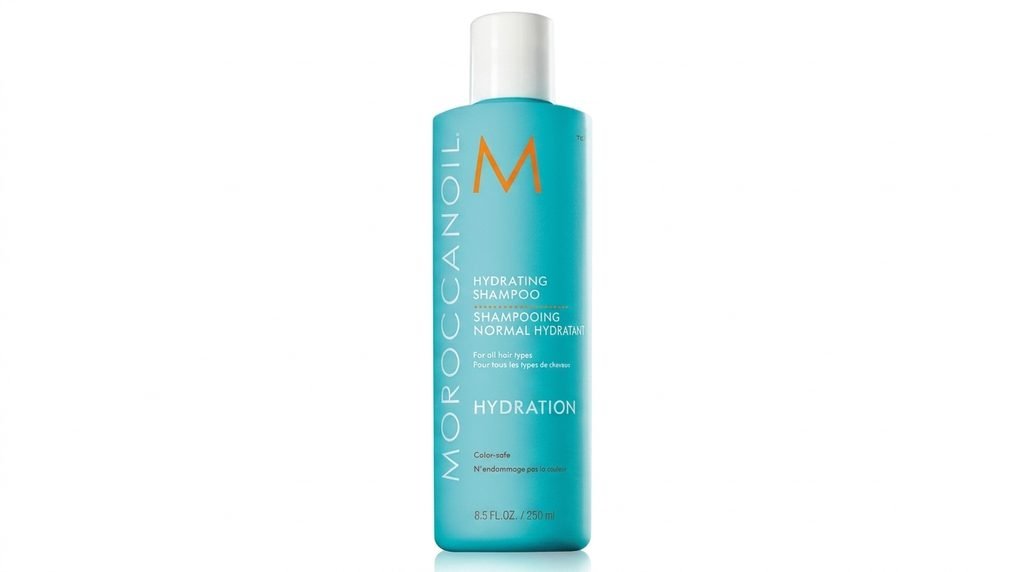 Moroccanoil shampoo bottle displayed on a luxury neutral vanity.