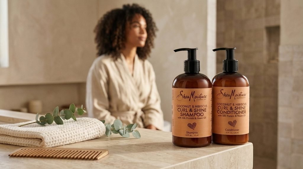  SheaMoisture shampoo bottles arranged with hair care essentials on a clean neutral vanity.