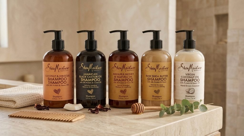 Different SheaMoisture shampoo formulas displayed side by side for comparing hair care options.