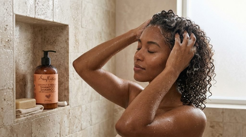 Woman gently massaging shampoo into her wet scalp during a hair-washing routine.