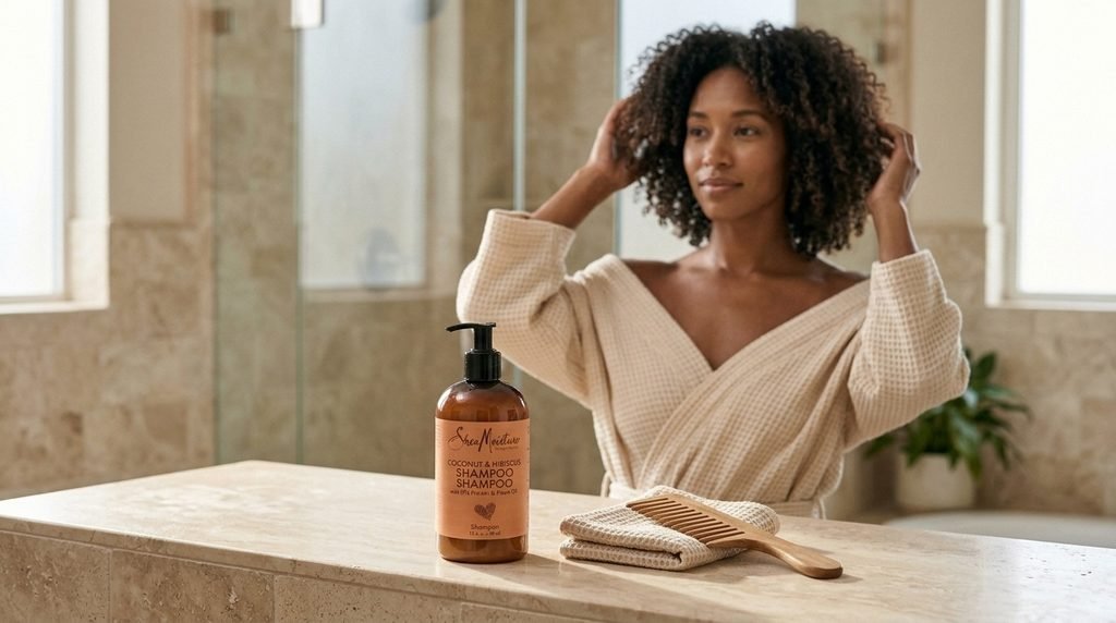 SheaMoisture shampoo bottle beside a neatly folded towel and a woman's healthy-looking natural curls.