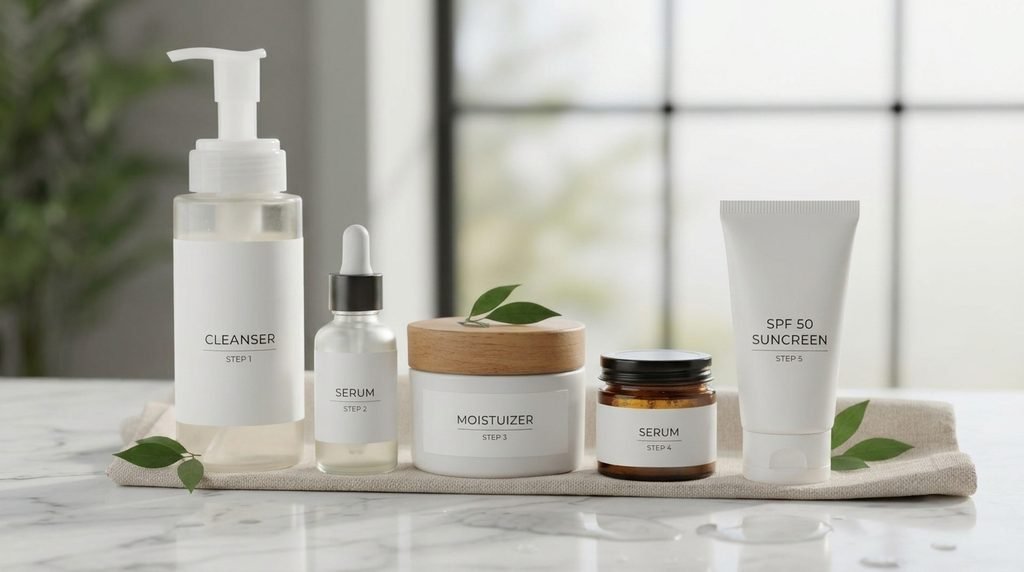 Facial moisturizer and sunscreen arranged together for a morning skincare routine.