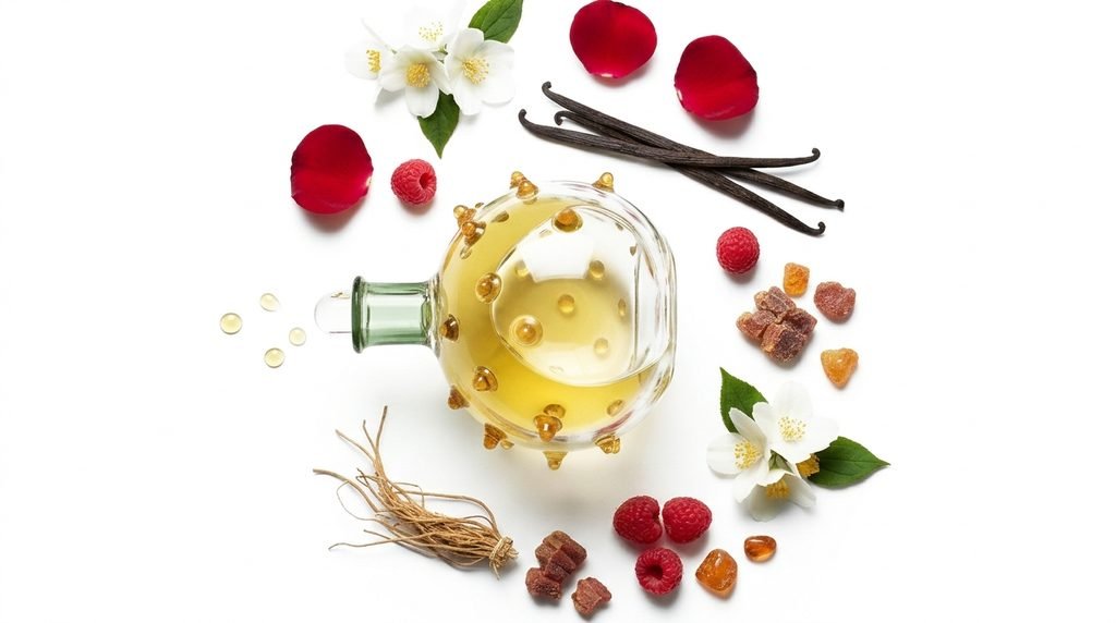 Fragrance-inspired still life with vanilla, berries, flowers, and amber