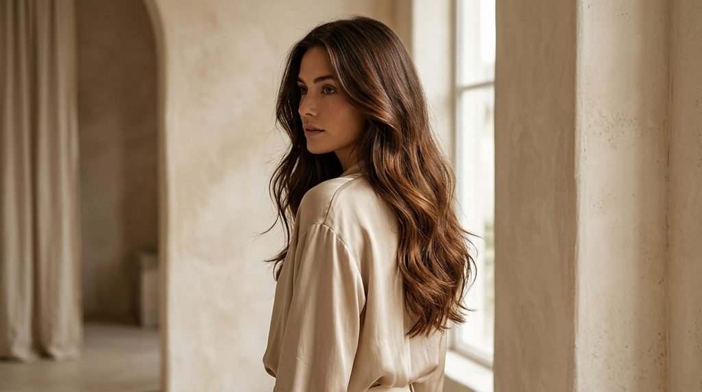 Long, glossy brunette hair after a hair repair care routine