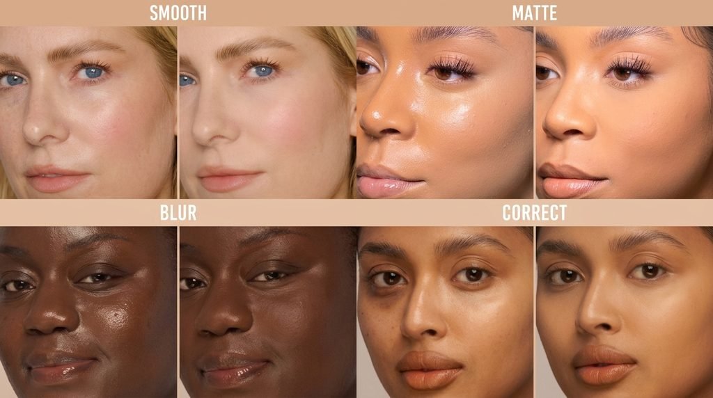 Comparison of blurred skin makeup, dewy makeup and matte makeup finishes