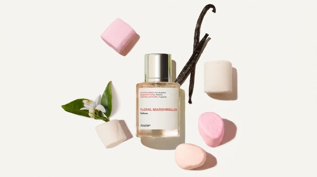 Vanilla pods and marshmallows beside a perfume bottle